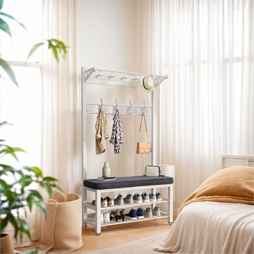 DAHONGZI Garderobe mit Sitzbank Garderobe Flur Garderobe mit Schuhschrank Metallrahmen, Leicht zu Montieren, 2-stufiges Schuhregal, Verstellbare Tischbeine for Schlafzimmer Flur Wohnzimmer(Weiß,80cm) von DAHONGZI