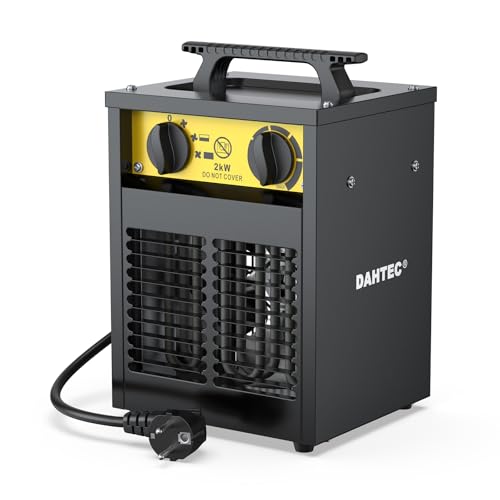DAHTEC Elektroheizer Heizlüfter Bauheizer 2000 Watt Elektro Heizstrahler Bautrockner mit Thermostat Elektrisch Heizgerät mit 3 Heizstufen Heizgebläse für Garage, Baustelle von DAHTEC