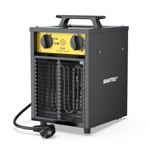 DAHTEC Elektroheizer Heizlüfter Bauheizer 3000 Watt Elektro Heizstrahler Bautrockner mit Thermostat Elektrisch Heizgerät mit 3 Heizstufen Heizgebläse für Garage, Baustelle von DAHTEC
