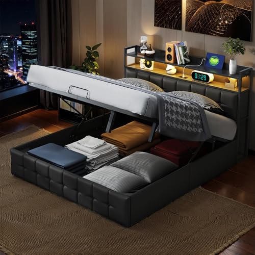 Bett 140 x 200 cm mit Lattenrost, LED und USB, Bett mit Stauraum und Kopfteil, Doppelbett mit Lattenrost, für 2 Personen, PU, Schwarz (PU, 140 x 200 cm) von DAHUEN