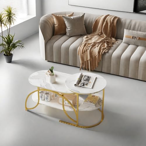 Couchtisch Rund 2er Set, Beistelltisch Set Sofatisch mit Gold Metallgestell und Weiß Marmor Tischplatte, Couchtisch marmor mit Verstellbaren Fußpolstern, für Wohnzimmer,Büro (Gold (d), 80×46×45cm) von DAHUEN