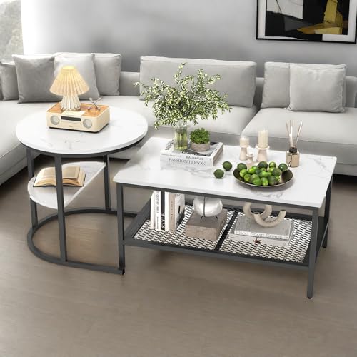 DAHUEN 2er Set teiliges Couchtisch, Kleiner runder Beistelltisch und rechteckiger Couchtisch, Moderne Nesting Kaffeetisch in Marmoroptik, Geeignet für Wohnzimmer, Balkon, Büro, (Schwarz) von DAHUEN