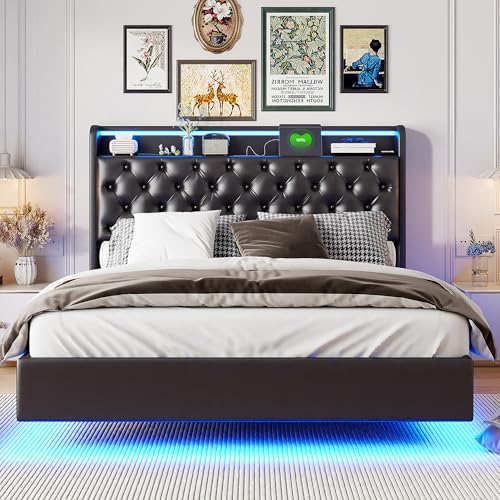 DAHUEN Bett 160x200cm Schwebebett, Polsterbett mit USB-Aufladen und LED-Beleuchtung, Doppelbett mit Stauraum und lattenrost, Stauraumbetten Jugendbett Bettgestell, PU (Schwarz, 160 * 200cm) von DAHUEN
