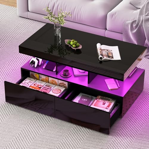 DAHUEN Couchtisch 104x 53 x46 cm, Moderner Couchtisch mit LED Beleuchtung, Mit 3 Ablageflächen und 2 Schubladen, Beistelltisch quadratisch für Wohnzimmer, Büro und Schlafzimmer (Schwarz) von DAHUEN