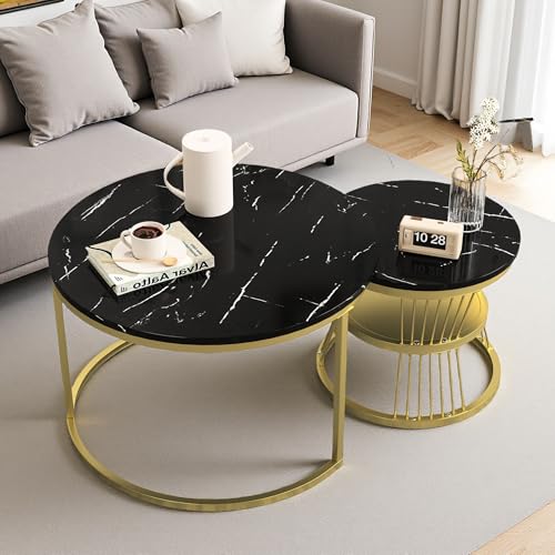 DAHUEN Couchtisch Rund 2er Set, Beistelltisch Set Sofatisch mit Gold Metallgestell und Weiß Marmor Tischplatte, für Wohnzimmer, Schlafzimmer, Büro, Balkon (Gold (c), 70×70×45.5cm) von DAHUEN