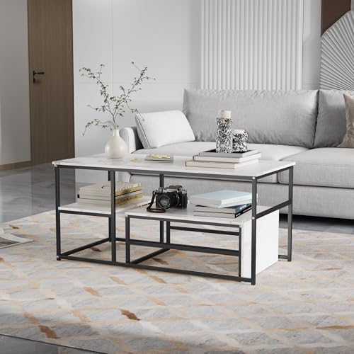 DAHUEN Couchtisch Rund 2er Set, Beistelltisch Set Sofatisch mit Gold Metallgestell und Weiß Marmor Tischplatte, für Wohnzimmer, Schlafzimmer, Büro, Balkon (Schwarz (d), 105×52×48cm) von DAHUEN
