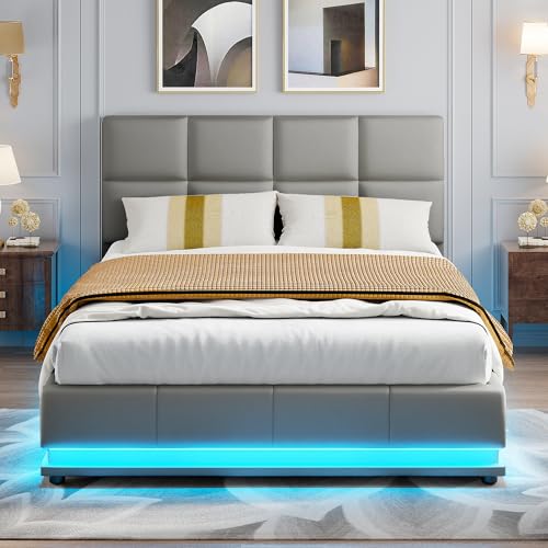 DAHUEN Hydraulisch Stauraumbett 140×200cm, Polsterbett mit LED, Doppelbett mit Stauraum, Boxspringbett mit Bettkasten, Gepolstertes Bettgestell mit Lattenrost, PU, Ohne Matratze (Grau, 140X200CM) von DAHUEN