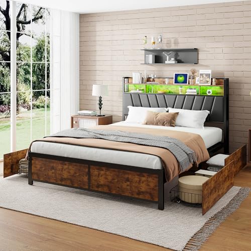 DAHUEN Metallbett Doppelbett 180x200 cm mit LED Beleuchtung, USB Aufladung und 4 Schubladen,Polsterbett mit Metalllattenrost und Stauraum,für Erwachsene und Jugendliche,Schwarz (180×200cm (b)) von DAHUEN