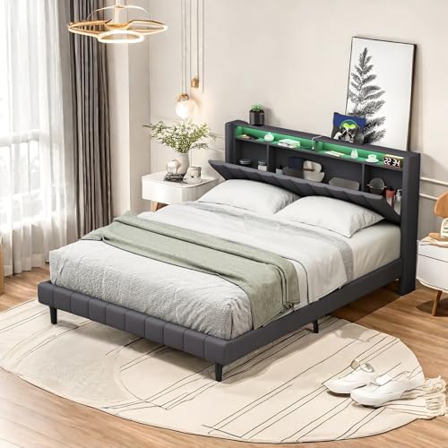 DAHUEN Polsterbett 140x200 mit LED-Beleuchtung und USB-Ladefunktion, Doppelbett mit Stauraum-Kopfteil, Jugendbett Bettgestell mit Lattenrost, für Gästezimmer und Schlafzimmer von DAHUEN