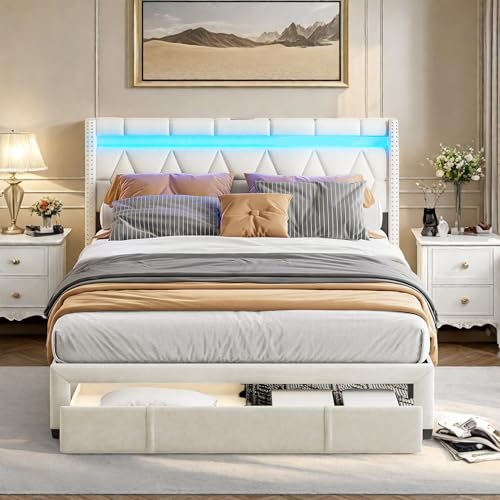 DAHUEN Polsterbett 160x200 mit Stauraum, LED Doppelbett Stauraumbett mit Schubladen, Jugendbett mit USB/Type-C, Gepolstertes Bettgestell mit Lattenrost (Beige-Leinen, 160×200) von DAHUEN