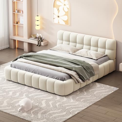 DAHUEN Polsterbett 160x200cm, Doppelbett Bubble Bett mit Lattenrost und Kopfteil, Jugendbett Flachbett mit weicher Rückenlehne, Leinen, Ohne Matratze, Beige (Beige, 160×200cm) von DAHUEN