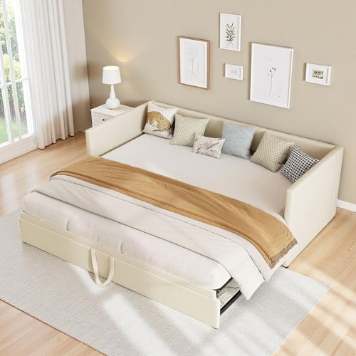 DAHUEN Schlafsofa 90/180 x 200 cm, 2-Sitzer-Sofa, ausklappbar, mit Ausziehbett, Bett mit Lattenrost, Velours, Beige, Matratze nicht im Lieferumfang enthalten (beige) von DAHUEN