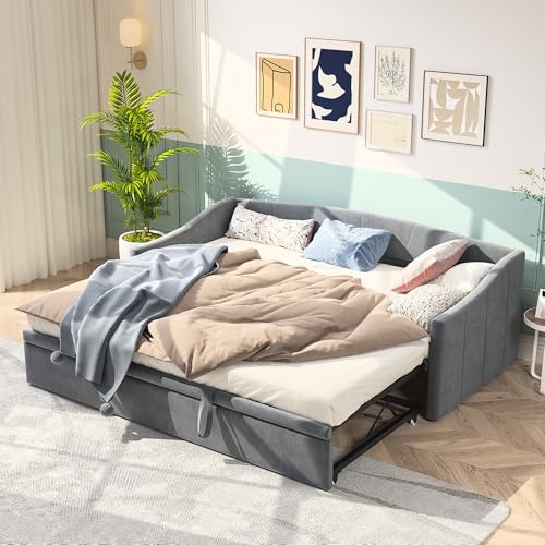 DAHUEN Schlafsofa 90/180x200 cm, 2 Sitzer Sofa mit Schlaffunktion, Bett Ausziehbar zum Doppelbett, Tagesbett Ausziehbar, Ausklappbares Sofa, Ausziehbett, schlafcouch, Samt, Ohne Matratze (Grau-B) von DAHUEN