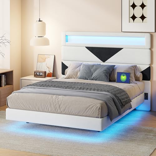 DAHUEN Schwimmendes Bett, 140 x 190 cm, mit Lattenrost und LED-Beleuchtung, gepolstertes Bett mit verstellbarer Rückenlehne, schwimmender Bettrahmen, Samt (Beige(A), 140 x 190 cm) von DAHUEN