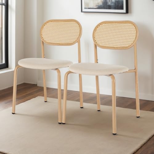 DAHUEN Set mit 2 Esszimmerstühlen aus Rattan, 47 x 50 x 80 cm, mit Rückenlehne, gepolsterter Sitz, 4 verstellbare Beine, bequeme Stühle für Wohnzimmer, Boho-Stil, Natur von DAHUEN