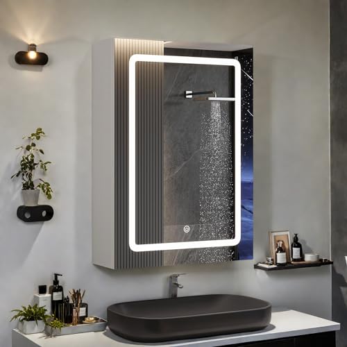 DAHUEN Spiegelschränke, Badspiegelschränke mit DREI Ablagefächern, Smart-Spiegelschränke mit LED, Hängespiegelschränke mit Einer Tür, Kosmetikspiegelschränke mit Touch-Sensor-Schalter von DAHUEN