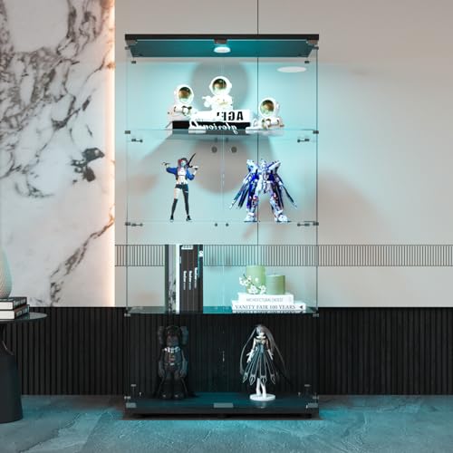 DAHUEN Vitrine mit LED-Beleuchtung in Schwarz, 166 × 45 × 14 cm, 4 Lagen Glas Vitrine Sammlervitrine Vitrinenschrank, 2 Türen mit Schloss Glasvitrine Stehend, für Wohnzimmer Schlafzimmer Büro(E) von DAHUEN