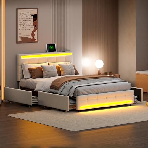 Doppelbett, gepolstert, 140 x 200 cm, mit Lattenrost LED und USB, Bett mit 4 Schubladen, Stauraum, für 2 Personen, großer Stauraum, Schubladenbetten für Erwachsene und Jugendliche (Beige, 140 x 200 von DAHUEN