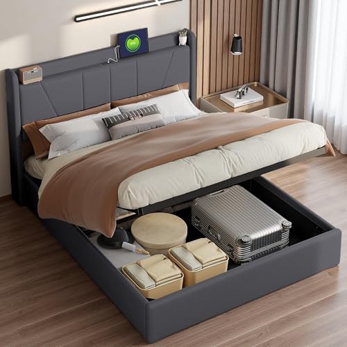 Gepolstertes Bettgestell 140 x 200 cm mit USB und Typ-C, Doppelbett mit Hydraulikkasten, Bett mit Lattenrost und Metallrahmen, ohne Matratze (Grau, 140 x 200 cm) von DAHUEN