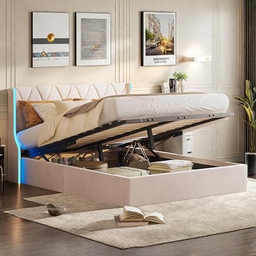 Hydraulisches Bett, Truhe, 160 x 200 cm mit LED-Beleuchtung und Lattenrost, gepolstertes Doppelbett mit Stauraum, Bettgestell für Erwachsene und Jugendliche, Samt (140 x 200 cm) von DAHUEN