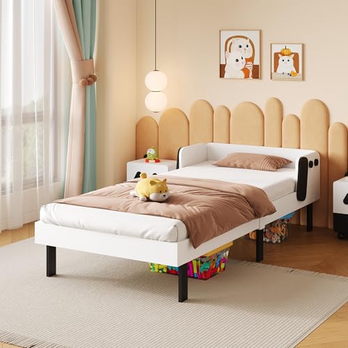 Kinderbett, 90 x 200 cm, Bettgestell für Kinder in niedlicher Welpenform, mit Lattenrost, Einzelbett mit Fallschutz, Stauraum unter dem Bett, Holzlatten (weiß) von DAHUEN
