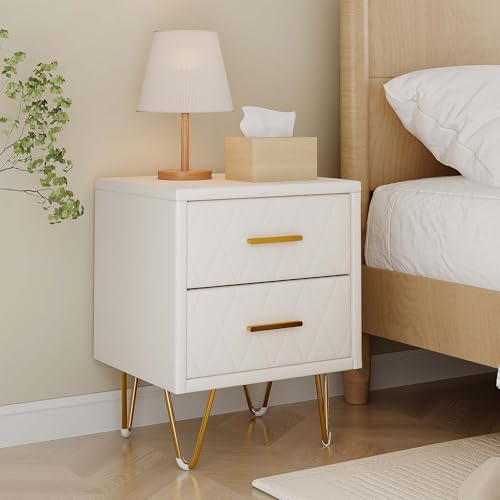 Nachttisch 2er Set 49x29x47cm, Kleiner Nachtschrank mit 2 Schublade, Nachttisch Modernes Design mit Goldene Griffe und Schrankbeine,Bett Kommode für Schlafzimmer,Wohnzimmer (Weiß-PU, 2 Schubladen) von DAHUEN