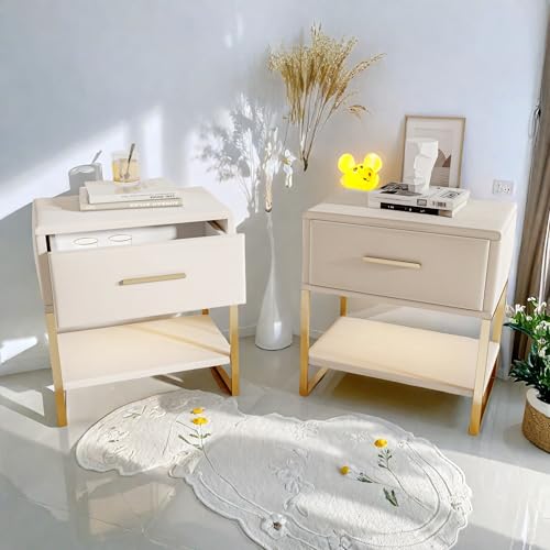 Nachttisch 2er Set 49x29x47cm, Kleiner Nachtschrank mit 2 Schublade, Nachttisch Modernes Design mit Goldene Griffe und Schrankbeine,Bett Kommode für Schlafzimmer,Wohnzimmer (Weiß-Samt, 1 Schubladen) Nachttisch 2er Set 49x29x47cm, Kleiner Nachtschrank mit 2 Schublade, Nachttisch Modernes Design mit Goldene Griffe und Schrankbeine,Bett Kommode für Schlafzimmer,Wohnzimmer (Weiß-Samt, 1 Schubladen) von DAHUEN