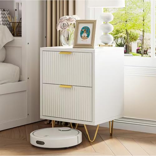 Nachttisch Weiß, 49x29x47cm, Kleiner Nachtschrank mit 2 Schublade, Nachttisch Modernes Design,Mit Goldene Griffe und Goldene Schrankbeine, Bett kommode für Schlafzimmer,Wohnzimmer (Weiß, 2 Schubladen) von DAHUEN