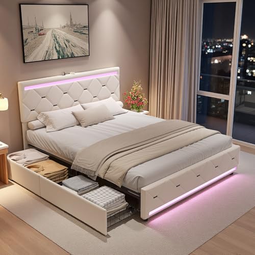 Polsterbett, Doppelbett, 160 x 200 cm mit 4 Schubladen, gepolstertes Bett 160 x 200 cm mit USB-Anschluss, Aufbewahrungsbett mit Lattenrost, für 2 Personen für Erwachsene und Jugendliche (Elfenbein Polsterbett, Doppelbett, 160 x 200 cm mit 4 Schubladen, gepolstertes Bett 160 x 200 cm mit USB-Anschluss, Aufbewahrungsbett mit Lattenrost, für 2 Personen für Erwachsene und Jugendliche (Elfenbein von DAHUEN