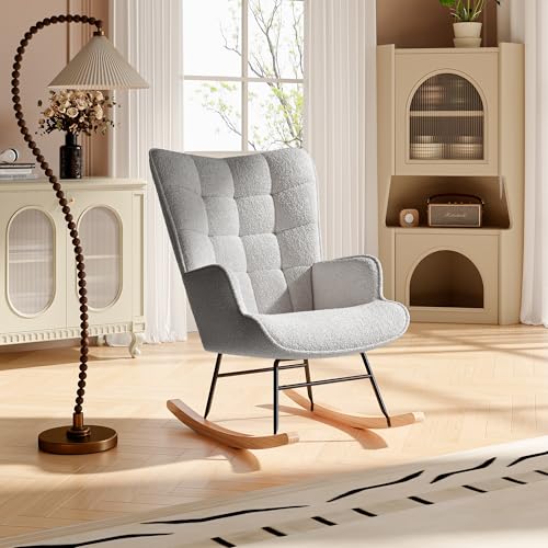 Schaukelstuhl, Loungesessel balkon Stuhl Wohnzimmersessel Stillsessel Gepolsterter Swing Chair, Mit hoher Rückenlehn, Polarfleece-Optik, für Wohnzimmer Schlafzimmer Babyzimmer (Grau, 92×75×69 cm) von DAHUEN