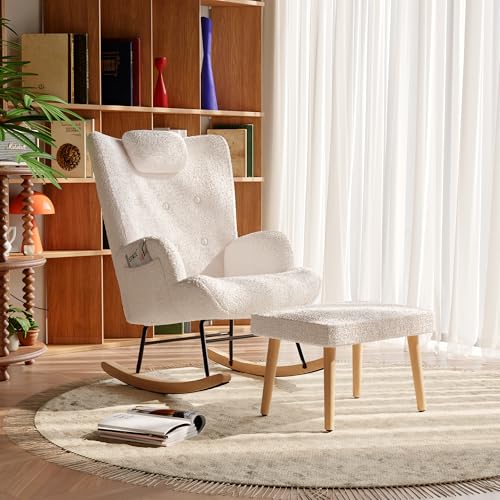 Schaukelstuhl mit Hocker, Schaukelstuhl aus Velours, mit Rückenlehne, Relaxsessel, Akzentsessel für Schlafzimmer, Wohnzimmer, Beige (mit Fußstütze, ADCR-076) von DAHUEN