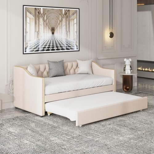 Schlafsofa 90/180x200 cm, 2 Sitzer Sofa mit Schlaffunktion, Bett Ausziehbar zum Doppelbett, Tagesbett Ausziehbar, Ausklappbares sofa, Ausziehbett, schlafcouch, Leinenstoff, Ohne Matratze (Beige) von DAHUEN