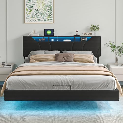 Schwarz, Bett, 160 x 200 cm, mit Lattenrost, LED und USB, gepolstertes Bett mit Stauraum, Bett mit verstellbarem Kopfteil, Doppelbett mit Lattenrost, Ladefunktion, Bett für Paare, PU (160 x 200 cm) von DAHUEN