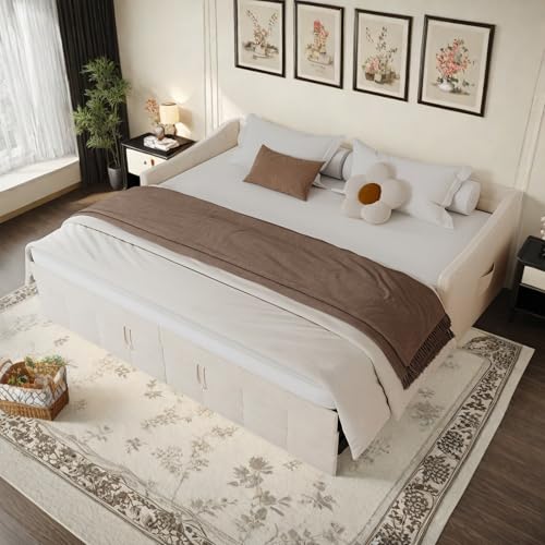 Sofa mit Schlaffunktion 90/180x200cm, Schlafsofa mit Lattenrost, Ausklappbares Sofa als Bet ausziehbar zum doppelbett, Polstersofa Wohnzimmer, Funktionsbett Tagesbett, Flanell (Creme, 90/180×200cm) von DAHUEN