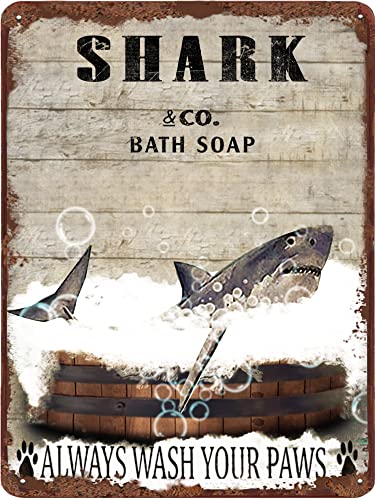 Badezimmer Hai Retro Metall Blechschild Hai Bad Seife Bubble Retro Blechschild Vintage Toilette Höhle Bar Zuhause Badezimmer Wanddekoration Schild für Home Office Küche Bar Cafe Bauernhof Garten 14 x 20 cm Schild Geschenk von DAIERCY