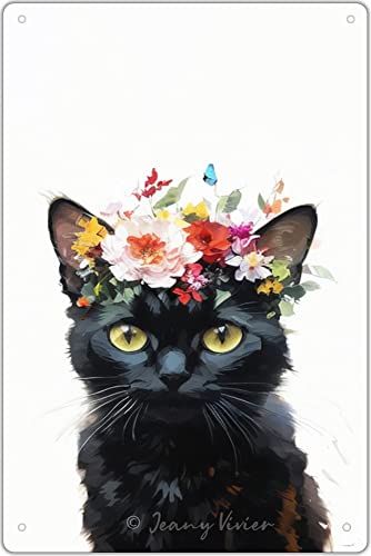 DAIERCY Bauernhoftier-Bilder, schwarze Katze, Blechschild, Haustier-Poster, florale Katzen-Dekoration, Geschenke für Katzenliebhaber, Katze mit Blumenkrone, Metallschild für Kinderzimmer, von DAIERCY