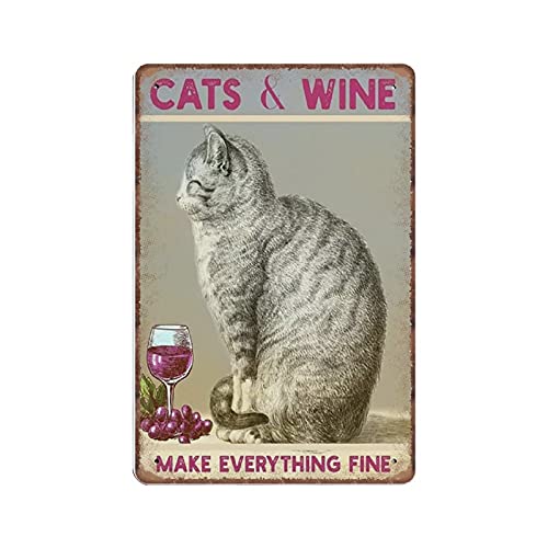 DAIERCY Blechschild mit Aufschrift "Cats And Wine Make Everything Fine", lustiges Vintage-Design, 20 x 30 cm von DAIERCY