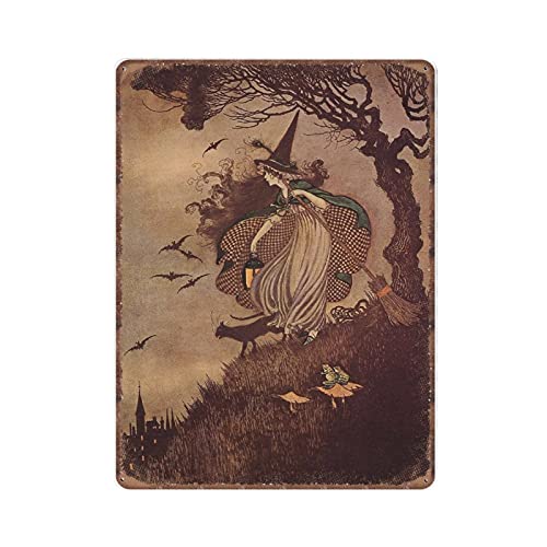 DAIERCY Blechschild mit Halloween-Hexe, Katze, Herbstschild, lustiges Vintage-Metallschild, Plakette, Wandkunst, Pub, Bar, Küche, Garten, Badezimmer, Heimdekoration, 30 x 40 cm von DAIERCY