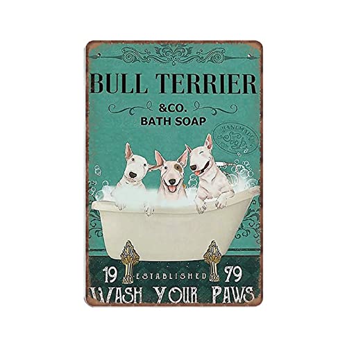 DAIERCY Blechschilder mit Bullterrier und Co Bath Soap Wash Your Paws Dog Blechschilder Lustiges Vintage Metallschild Plaqu, Wandkunst, Pub, Bar, Küche, Garten, Badezimmer, Heimdekoration, 20 x 30 cm von DAIERCY