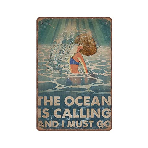 DAIERCY Lustiges Vintage-Schild "The Ocean Is Calling And I Must Go Swimming Ocean", Metall-Blechschilder für Küche, Garten, Garage, Badezimmer, Wanddekoration, 140 x 200 mm von DAIERCY