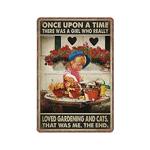 DAIERCY Vintage Metall-Blechschild Garten und Katzen Liebhaber Garten Dame lustige Retro Wandkunst für Küche Badezimmer Heimdekoration Geschenke Schild 140 x 200 mm von DAIERCY