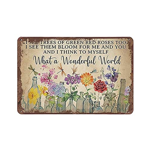 Libelle "What A Wonderful World Flowers" Lustiges Metall-Blechschild Wanddekoration I See Trees of Green Red Rose Too Retro-Blechschild Vase Blumen Poster Plakette Eingang Dekor Galerie Wandschilder von DAIERCY