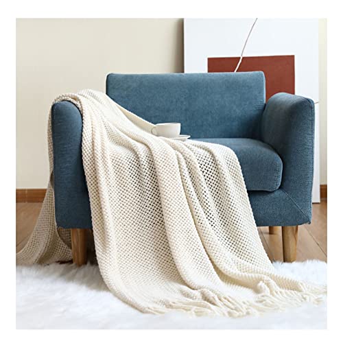 DAIHAN Nordischer Stil Sofadecke Decke Gestrickte Schaldecke Einfarbig Bett Handtuch Sofa Stricken Häkeldecke Kuscheldecke reversibel werfen mit Quaste für Couch, Bett Beige von DAIHAN