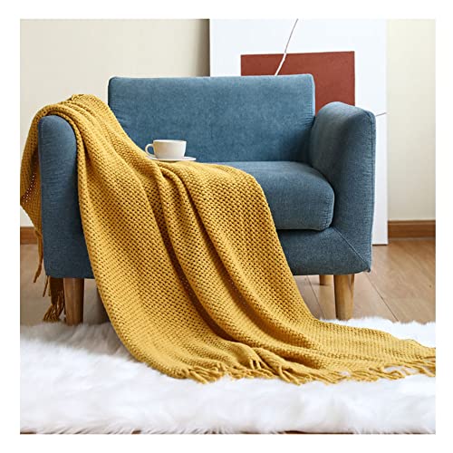 DAIHAN Nordischer Stil Sofadecke Decke Gestrickte Schaldecke Einfarbig Bett Handtuch Sofa Stricken Häkeldecke Kuscheldecke reversibel werfen mit Quaste für Couch, Bett JGelb von DAIHAN