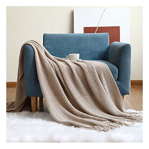 DAIHAN Nordischer Stil Sofadecke Decke Gestrickte Schaldecke Einfarbig Bett Handtuch Sofa Stricken Häkeldecke Kuscheldecke reversibel werfen mit Quaste für Couch, Bett Khaki von DAIHAN