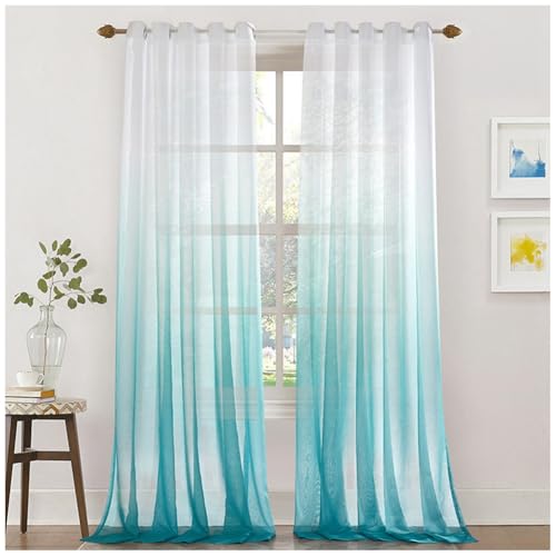 Voile Vorhänge Durchsichtig Gardinenschals Balkon mit Ösen Vorhänge Gardinen mit Farbverlauf Halbtransparen Dekoration Voile Sheer 2 er Set für Kinderzimmer Wohnzimmer Schlafzimmer,Blau,W254xL244cm von DAIHAN