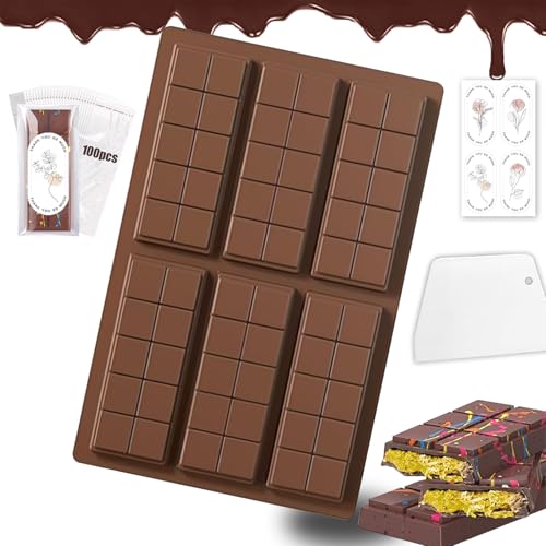 DAILIENFUS Schokoladenform Set, 6 Tafeln Tief Schokoladentafel Form aus Silikon, Dubai Schokolade Form mit Schaber und Tasche und Aufkleber für Schokolade Praline Süßigkeiten BPA-frei (Quadrat) von DAILIENFUS