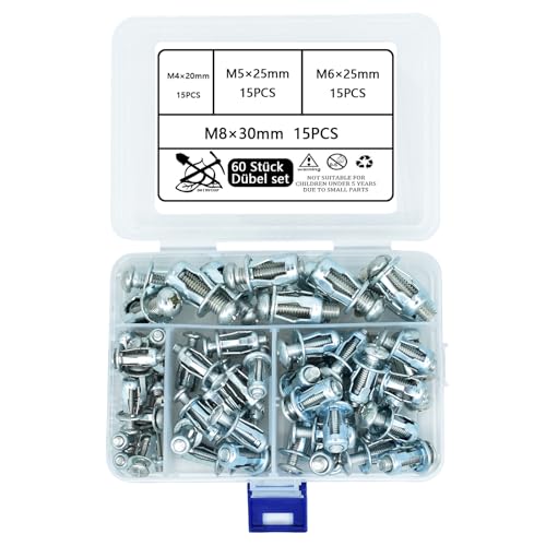 DAIRYCOF Hohlwanddübel 60 Stück M4/5/6/8mm Metall Jack Nuts mit Blütenblattmutter für Rigips Eisenblech dünne Wände & Hohltüren Ideal für Metalldübel & Spreizdübel von DAIRYCOF