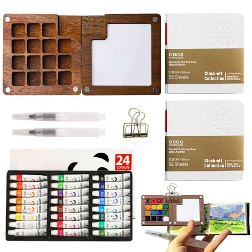 DAJASD Mini Aquarell Set, 24 Farben Portable Watercolor Palette Set, Tragbare Aquarell Palette, 15 Gitter Skizzenbuch Palette aus Holz, mit 2 Aquarellpapier, 2 Aquarellpinsel, Clips DAJASD Mini Aquarell Set, 24 Farben Portable Watercolor Palette Set, Tragbare Aquarell Palette, 15 Gitter Skizzenbuch Palette aus Holz, mit 2 Aquarellpapier, 2 Aquarellpinsel, Clips von DAJASD