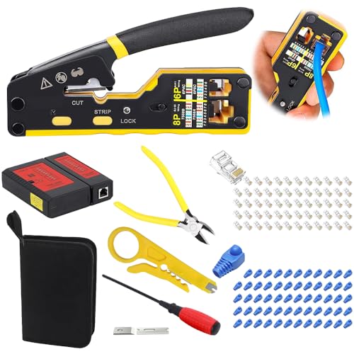 DAJASD RJ45 Crimpzange, 9 in 1 Netzwerk Werkzeug Set mit 50 CAT6 RJ45 Stecker und Steckerschutz, Kabeltester Kit für RJ45, RJ11, RJ12, Profi Netzwerkinstallation für CAT5/CAT6/CAT7 Netzwerkstecker von DAJASD